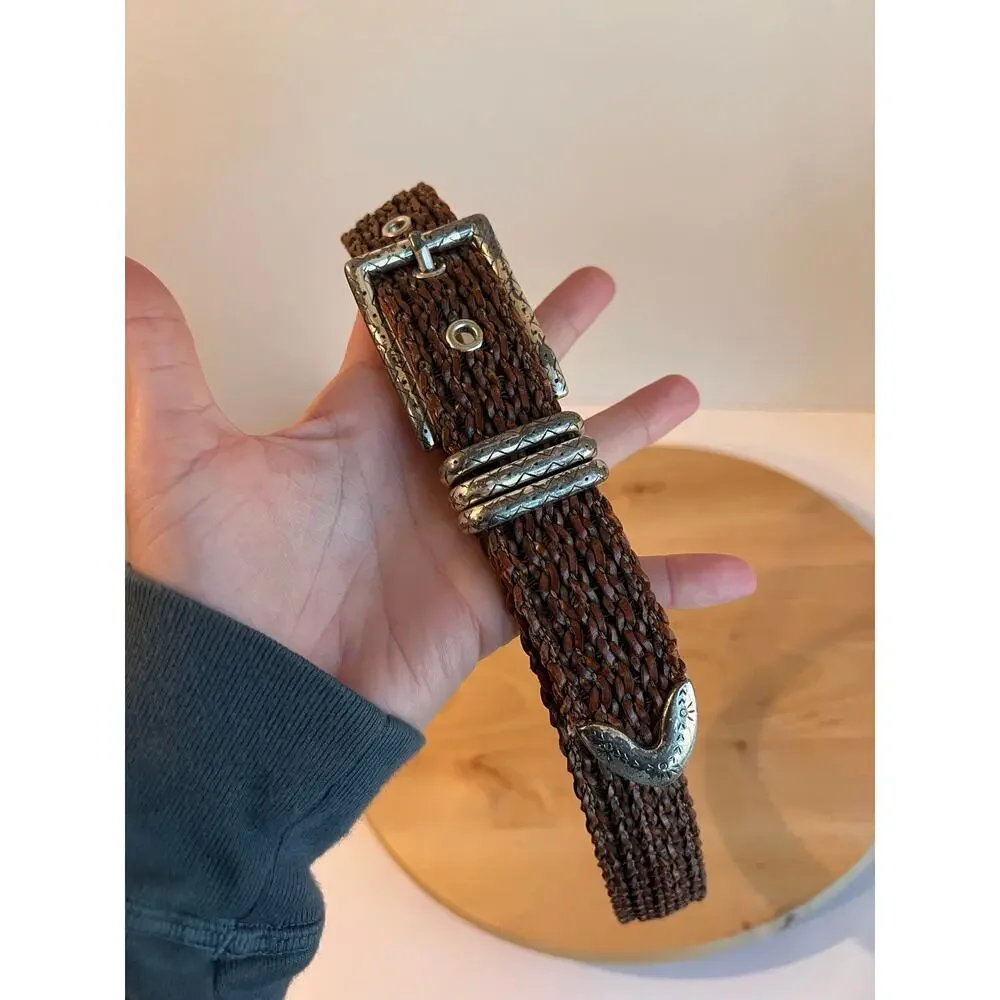 Vintage Woven Brown Barbara & Co Genuine Leather Silver Tipped Belt Size Medium